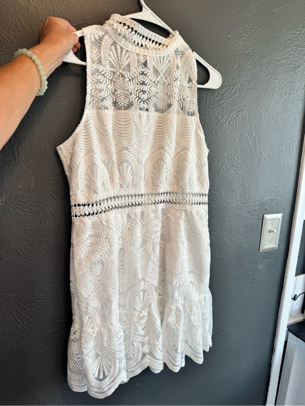 High-Neck White Lace Mini Dress